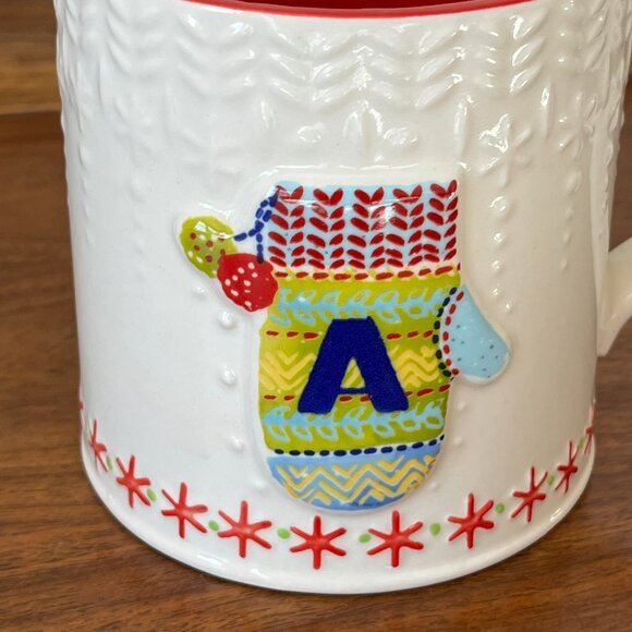 Anthropologie Bundled Up Monogram Letter "A" Mitten Mug Red Stoneware Snowflake - Picture 7 of 8